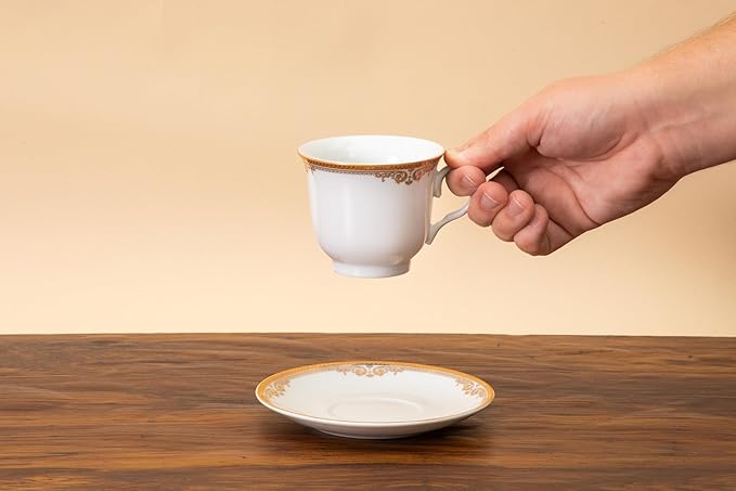 Porcelain Tea Set, 12 Piece - Elegant White with Gold Floral Edge Design - 5.5 Inch Saucers, 6.5 oz Cups - For Adults Tea Party or Everyday Dinnerware (Floral Gold)