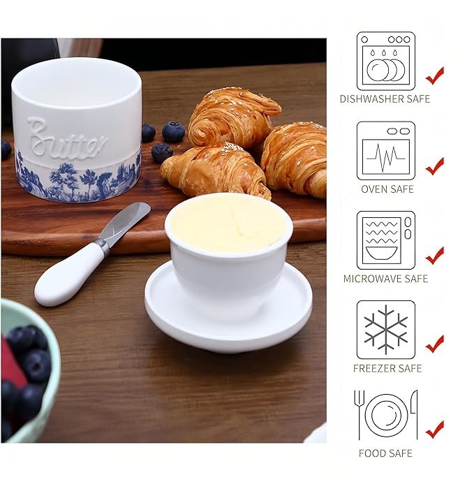 Butter Crock with Lid, French Butter Dish with Water Line for Countertop, Ceramic Butter Keeper for Spreadable Butter, Container Holder for Kitchen and Home Decor, 6.7 OZ, Forest Blue