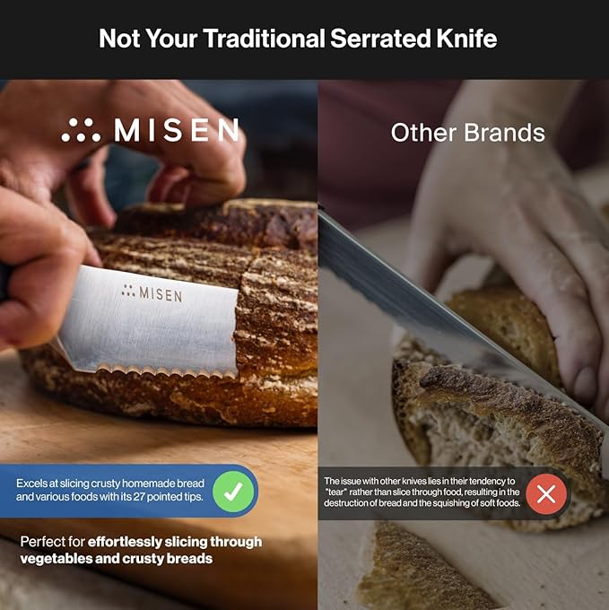 Misen Serrated Bread Knife – High-Carbon Japanese AUS8 Steel – Effortless Slicing of Bread, Pastries, and Fruits – Razor-Sharp Edge and Durable Blade with Ergonomic Handle - 10", Black