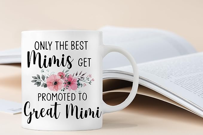 QASHWEY Mimi Coffee Mugs, Funny Pregnancy Announcement Gifts for Grandma, Great Grandma to Be, Double Side Printed Ceramic Mug Cup 11 Ounce