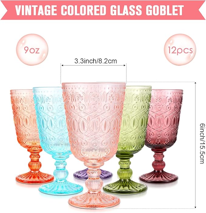 Eaasty Wine Glasses Set of 12 Vintage Goblet 9 oz Vintage Colored Glass Goblet Beverage Stemmed Glass Cups Romantic Embossed Glassware for Wedding Party Holidays Anniversary (Multi Colors)