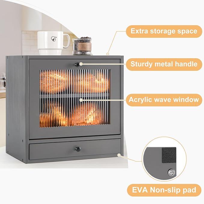 Sunhoo Bread Box for Kitchen Countertop Bin 2 Layer Wooden Bread Storage Breadbox Holder Large Capacity Container Bread Organizer Farmhouse Keeper Shelf with Drawer Acrylic Window (Grey