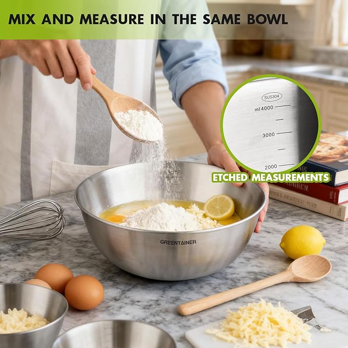 5-Piece Stainless Steel Mixing Bowls Set for Kitchen, Nesting Bowls for Mixing, Baking, Prepping, Cooking and Serving Food, Metal Mixing Bowls Dishwasher Safe