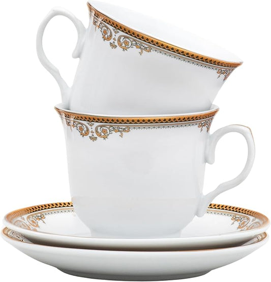 Porcelain Tea Cups and Saucers - 4 Pieces, Vintage Set - White with Gold Floral Edge Design - 5.5 Inch Saucers, 6.5 oz Cups - Perfect for Tea Parties or Every Day Use (Floral Gold 3004, 4 Piece)