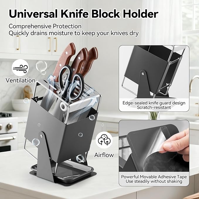 Universal Knife Block Holder - Stainless Steel Knife Holder without Knives for Kitchen Countertop Kitchen, Knife Organizer Holds 8 Knives and 1 Sharpening Steel (Grey)