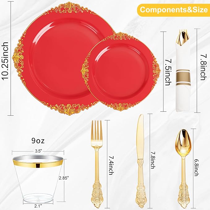Nervure 350PCS Red Plastic Plates - Red Gold Plastic Dinnerware Sets for 50 Guests - 100 Gold Disposable Plates, 50 Pre Rolled Silverware Sets, 50 Cups Perfect for Wedding & Party & Christmas