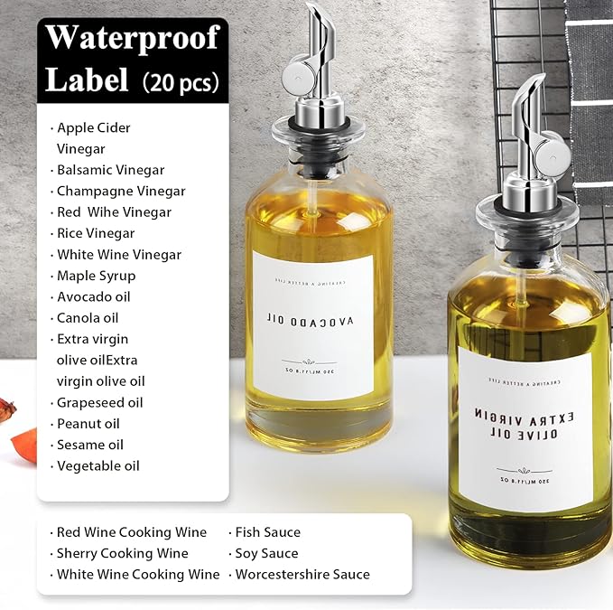 Olive Oil Dispenser Bottle Set with Bamboo Tray, Silver Classic Oil Dispenser, 2 x 350ML Glass Bottles, Weighted Metal Pourers, Kitchen Storage & Dispensing