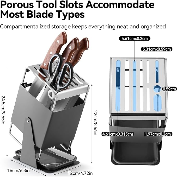 Universal Knife Block Holder - Stainless Steel Knife Holder without Knives for Kitchen Countertop Kitchen, Knife Organizer Holds 8 Knives and 1 Sharpening Steel (Grey)