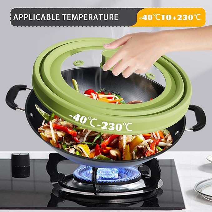 Microwave Splatter Cover, Vented Silicone and Glass Cover Splatter Guard Lid, Food Collapsible Plate Cover Lid with Easy Grip Handle. (Green, 9 inch)