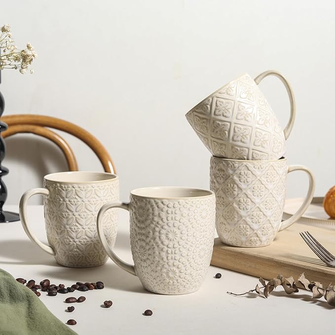 Coffee Mug Set of 4-16 oz Large Ceramic Mugs, Porcelain Embossed Coffee Cups for Cocoa, Tea, Milk, Mocha, Cappuccino - Housewarming Wedding Decoration, Dishwasher Safe, 3.5 x 4.5 inch