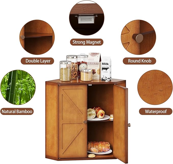 Corner Bread Box for Kitchen Counter Double Layer Bamboo Bread Storage Container Large Capacity Bread Storage Bin Farmhouse Breadbox Organizer (Antique Brown)