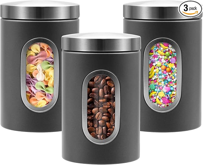 Canisters Sets for the Kitchen, 3pcs Sugar Flour Tea Coffee Storage Jars Stainless Steel Food Container Organizer for Kitchen Counter with Transparent Window (grey)