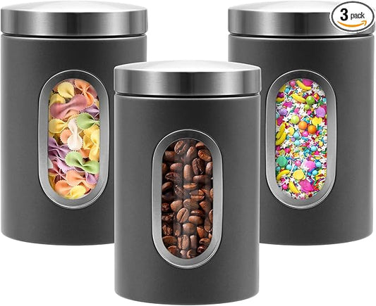 Canisters Sets for the Kitchen, 3pcs Sugar Flour Tea Coffee Storage Jars Stainless Steel Food Container Organizer for Kitchen Counter with Transparent Window (grey)