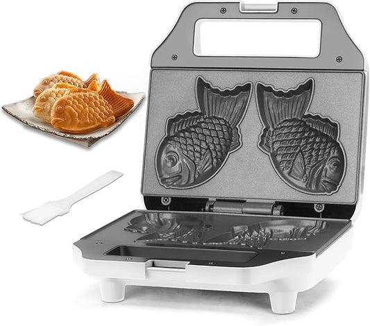 Taiyaki Fish-shaped Waffle Maker, 2 Pcs Electric Japanese Fish Shaped Waffle Iron Pan, Dual Non Stick Cooking Plates, Recipe Included, White