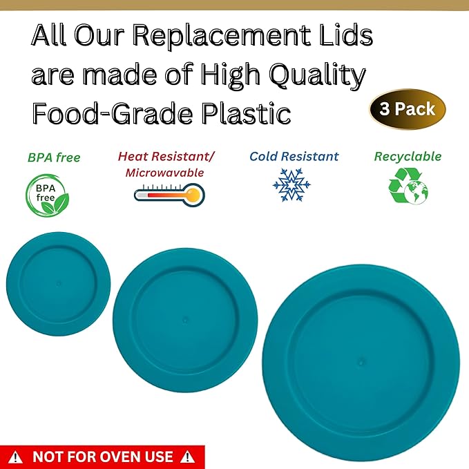 2, 4 & 7 Cup Turquoise Replacement Lids/Covers for Pyrex, Anchor Hocking & KlareWare Storage Bowls *Lids Only Glass Container Not Included* (3 Pack *One of Each Size*)