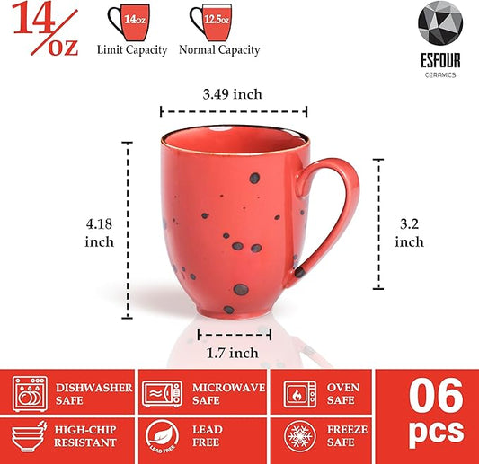 Coffee Mugs Set Of 6, 14 Oz Large Handle Heavy Duty Cups - Microwave Dishwasher Safe - Latte, Cappuccino, Tea, Cocoa, Mocha - Men, Women, Home Office Daily Use, Vivid Assorted Colors