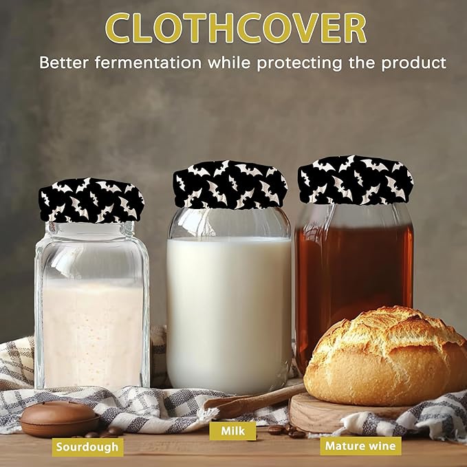 White Bats Halloween Cloth Covers for Sourdough Starter Jar,Reusable Lid Top Cover Bread Fermentation Baking Supplies for 3-4 Inch Jar Mouth