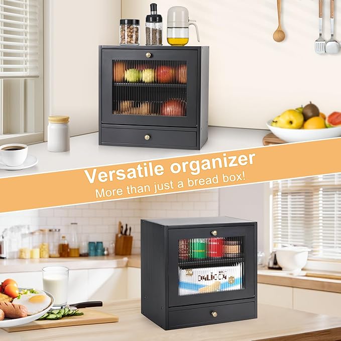 Sunhoo Bread Box for Kitchen Countertop Bin 2 Layer Wooden Bread Storage Breadbox Holder Large Capacity Container Bread Organizer Farmhouse Keeper Shelf with Drawer Acrylic Window (Black