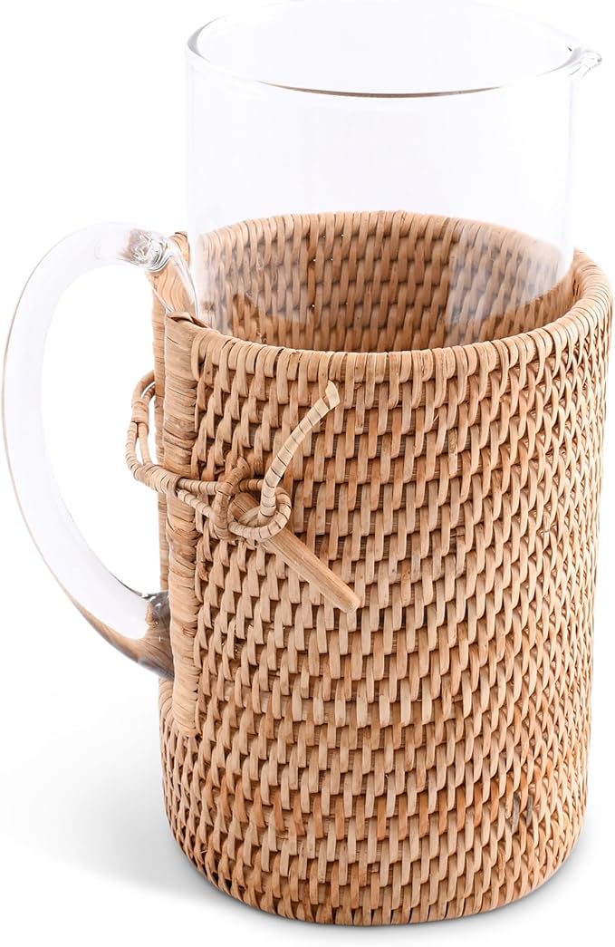 Vagabond House Light and Stylish Glass Carafe, Insulated Ice Tea Pitcher with Removable Rattan Cover, Easy Cleaning, Dishwasher Safe, Built in Coaster - Ideal Table Centerpiece for Boho House