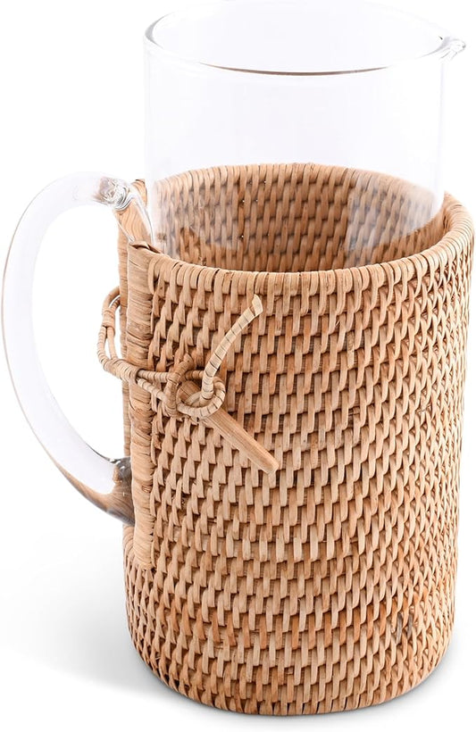 Vagabond House Light and Stylish Glass Carafe, Insulated Ice Tea Pitcher with Removable Rattan Cover, Easy Cleaning, Dishwasher Safe, Built in Coaster - Ideal Table Centerpiece for Boho House