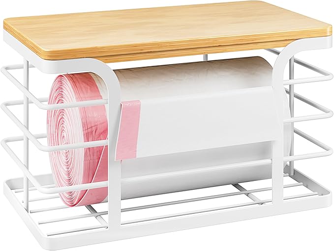 Trash Bag Holder Dispenser with Bamboo Top,Wall Mount Garbage Bag Dispenser,Stackable Storage for Kitchen Laundry Room Organization,White Small