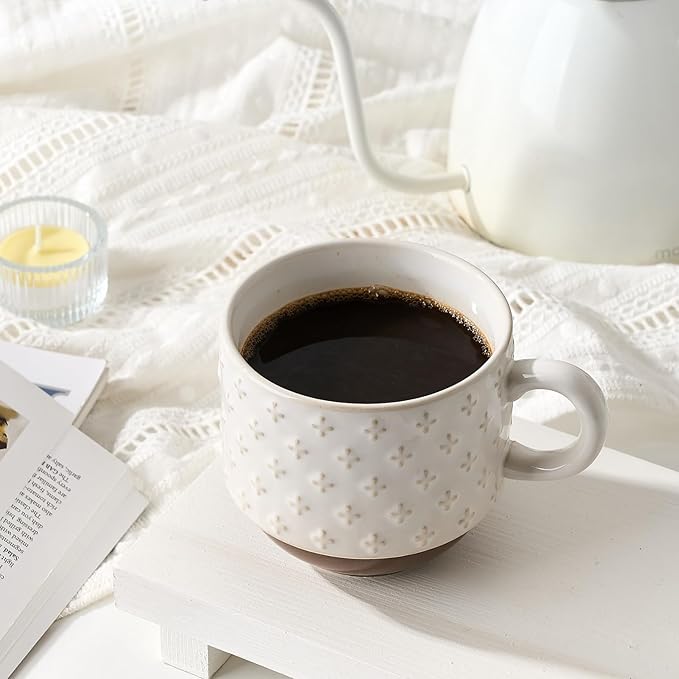 Large Ceramic Coffee Mug Set of 4 with Stand, 15 Oz Stackable Different Embossment Ribbed Latte Cup Set for Cappuccino, Tea, Hot Cocoa, Drinks - Dishwasher & Microwave Safe, Off White