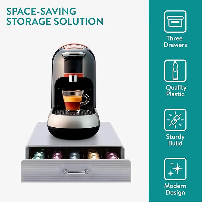 Navaris Coffee Pod Holder Drawer - 50 Capsule Storage Organizer Tray Counter Container - Fits Standard Sizes of Pods and Capsules - 1 Drawer Design - Gray