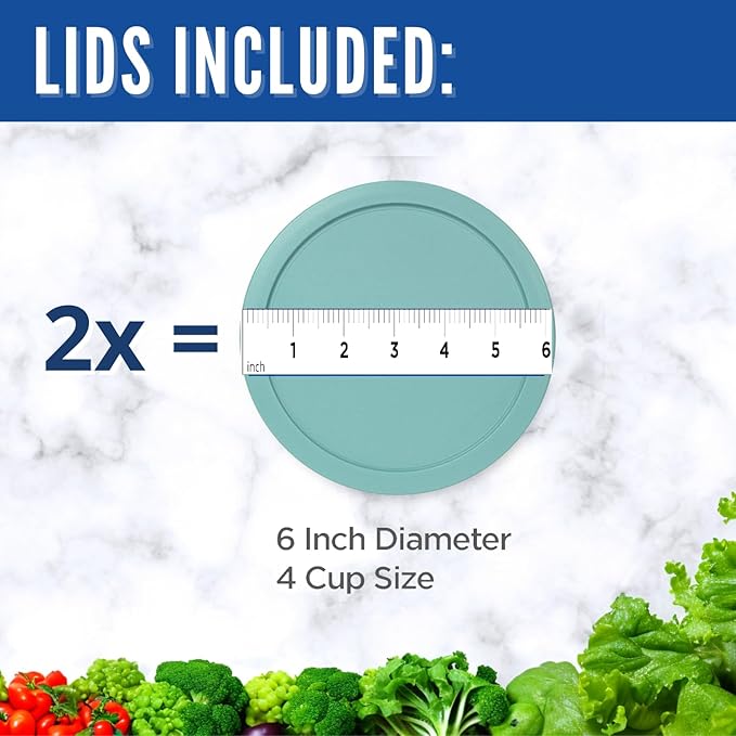 Replacement Lids for Pyrex 4-Cup Glass Food Storage Container Bowls, 6-Inch Plastic Round Lids Covers fits Pyrex 7201-PC, Airtight & Leakproof (2-Pack, Turquoise)