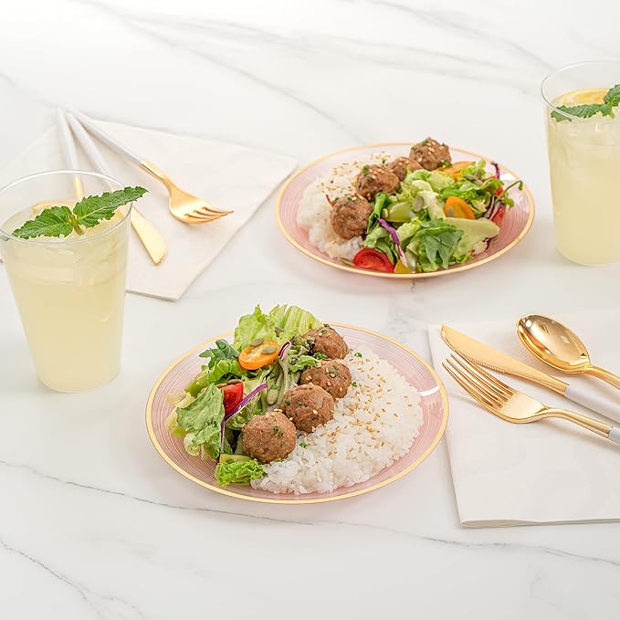 Restaurantware Plastic Plates 20 Pcs 7.25" Gold Rimmed Disposable Plates Heavy-Duty Pink Translucent Rippled Plastic Dinner Servers for Party, Weddings, Salads, Desserts, and Appetizers