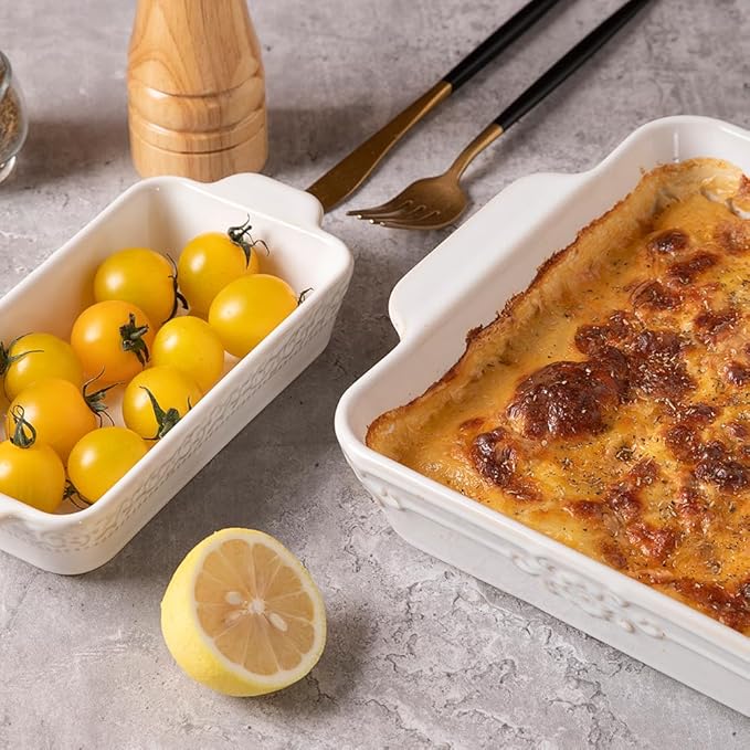 Sweejar Casserole Dishes for Oven, Ceramic Bakeware Set of 4, Rectangular Baking Dish with Handles, Lasagna Pans for Cooking, Gratin, Roasting, Banquet and Daily Use (Kiln-Change White)