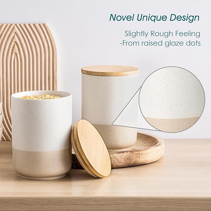 vancasso Sabine Large Ceramic Canister Set with Airtight Wood Lids - 2-Piece Kitchen Food Storage Jars for Flour, Sugar, Coffee & Tea (74 oz Each) - Big Capacity Countertop Jars