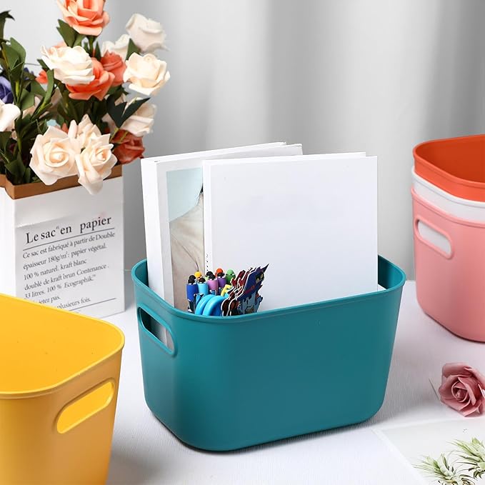 Tioncy 10 Pcs Plastic Storage Bins and Baskets 9.7" x 6.9" x 5.7" Multiple Color Small Containers Organizer for Home Bathroom Kitchen Multi-use Storage Boxes for Classroom, 5 Colors
