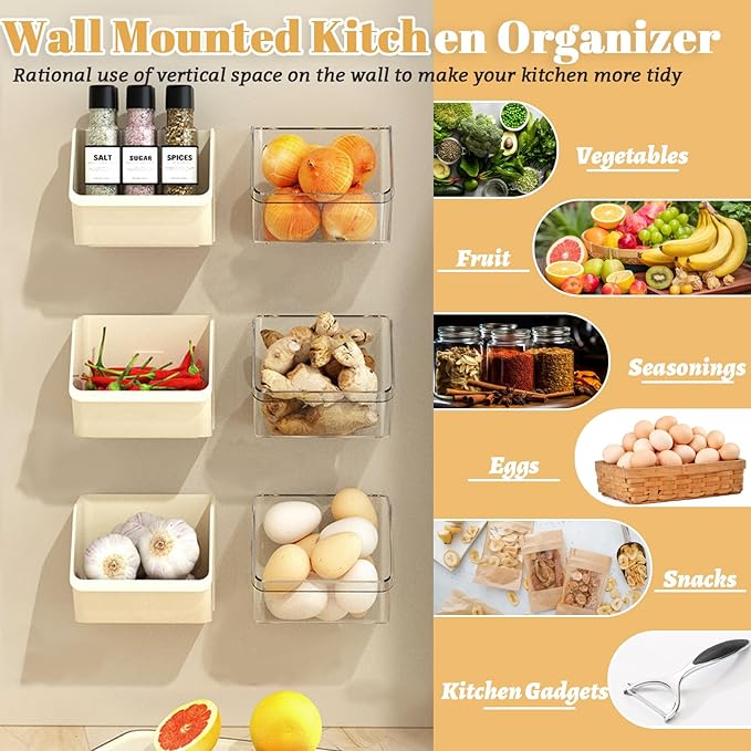 3 Pack Wall Mounted Storage Organizer Bins, Floating Shelves Fridge Organizer Storage Bins, Stackable Organizer Basket for Wall, Refrigerator, Kitchen, Bathroom, Countertops, Pantry (Clear)