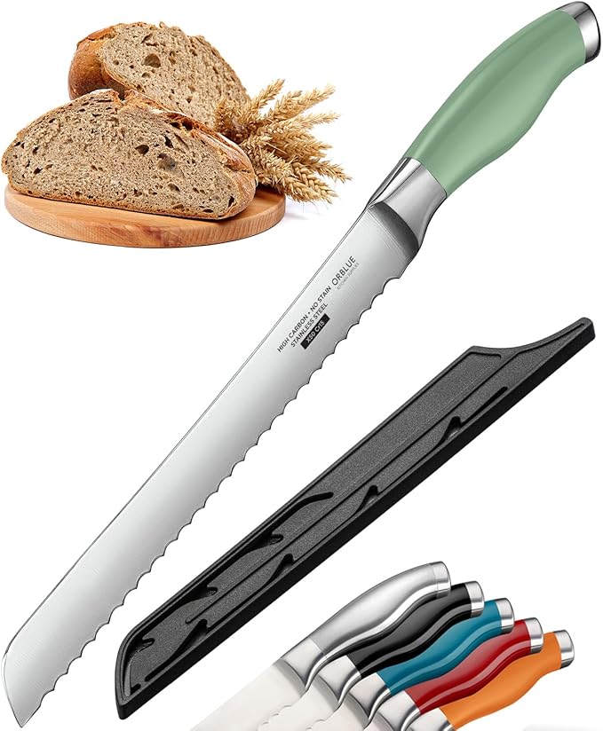 Orblue Serrated Bread Knife with 10-inch Upgraded Stainless Steel Razor Sharp Wavy Edge Width - Bread Cutter Ideal for Slicing Homemade Bagels and Cake, Green