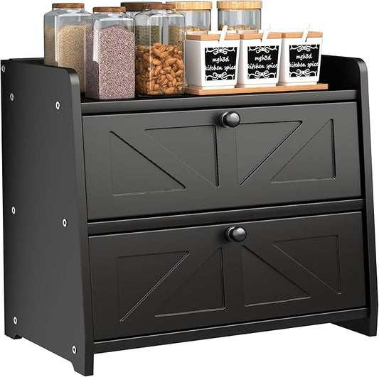 Bread Box for Kitchen Countertop, Double Layer Wooden Breadbox, Large Capacity Bread Storage Bin, Homemade Bread Storage Container, Farmhouse Breadbox Organizer, Black