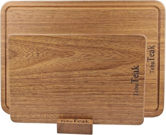 Solid Teak Wood Cutting Board Set - Single/One Piece Design Wooden Choping Boards Non Glued Knife-Friendly Durable Chopping Block for Kitchen Meat 14 x 9.5 IN & 11 x 7 IN (Includes Stand)