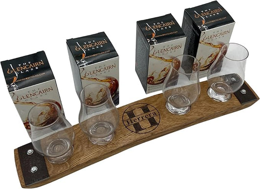 Personalized Premium 4 glass whiskey flight/engraved center/personalized gift/Crystal glass option/Natural oak color (Circle Split letter Monogram)