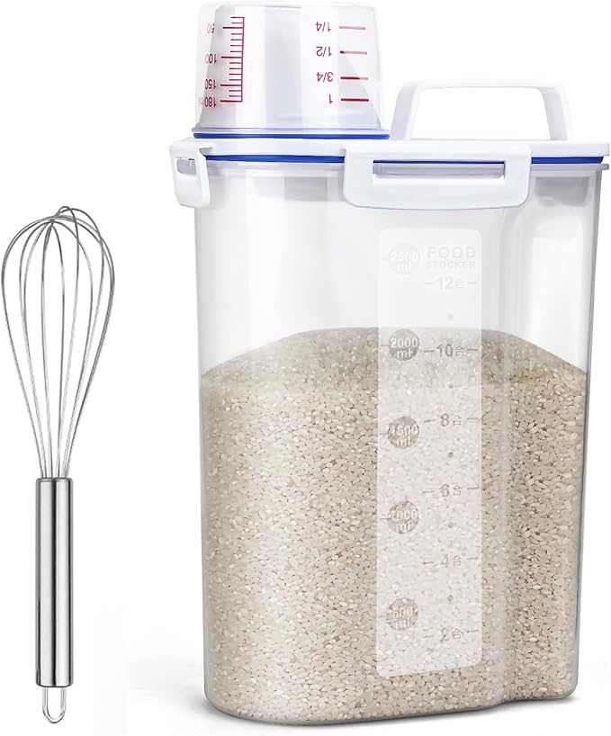 Rice Airtight Dry Food Storage Containers, BPA Free Plastic Sealed Holder Bin Dispenser with Pouring Spout, Measuring Cup for Cereal, Flour and Oatmeal, Include a Stainless Steel Whisk