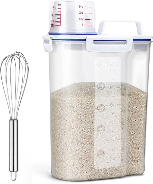 Rice Airtight Dry Food Storage Containers, BPA Free Plastic Sealed Holder Bin Dispenser with Pouring Spout, Measuring Cup for Cereal, Flour and Oatmeal, Include a Stainless Steel Whisk