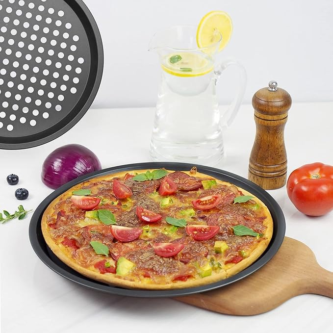 9.6 inch Pizza Pan With Holes, Carbon Steel Perforated Non-Stick Bakeware for Home Kitchen Oven, 2 Pack