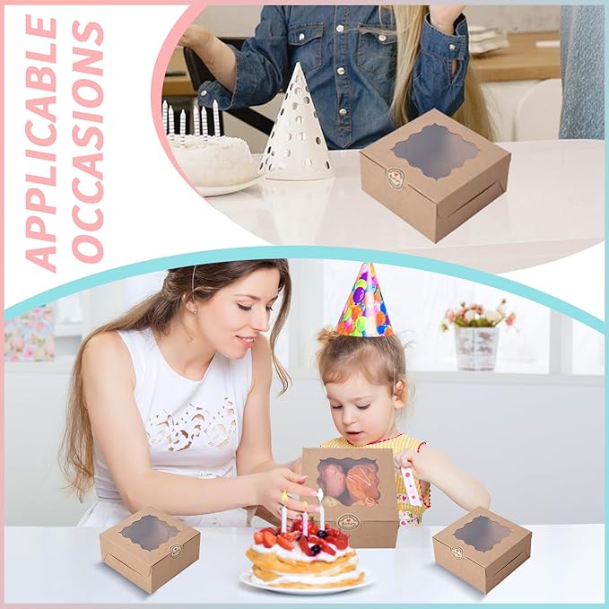 36 pcs 6x6x3 Inches Small Cake Box with Window, Bakery Pastry Cookie Boxes, Mini Pie for Pastry,Dessert,Strawberries,Chocolates, Cupcakes with paper stickers (Brown)