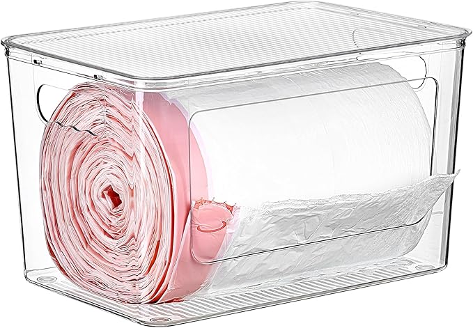 Vtopmart 1 Pack Trash Bag Holder, Stackable Garbage Bag Dispenser for 13/30/33 Gallon Bags, Clear Organizer Bins for Under Kitchen Sink, Laundry Room Organization and Storage