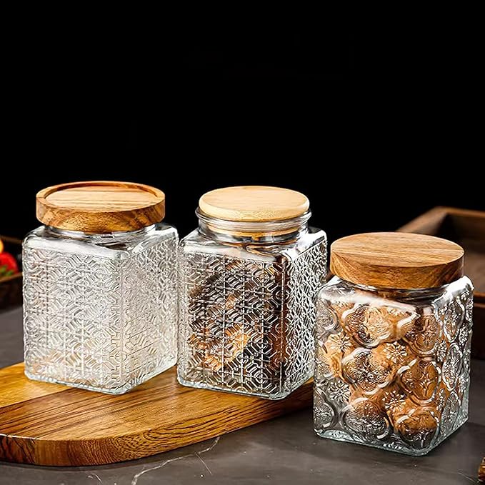 Snminetal Vintage Glass Airtight Storage Jar Set of 4, With Airtight Wood Lid, Kitchen Food Storage Containers,for Kitchen Counter, Pantry, Tea, Sugar,Coffee,Food Storage Jar(Plum pattern)