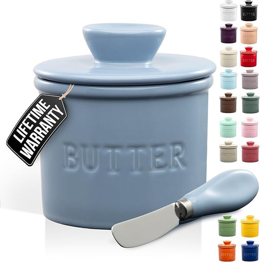 Zulay Kitchen Porcelain Butter Crock With Lid & Knife - Authentic French Butter Dish For Fresh & Spreadable Butter - Blue-Gray