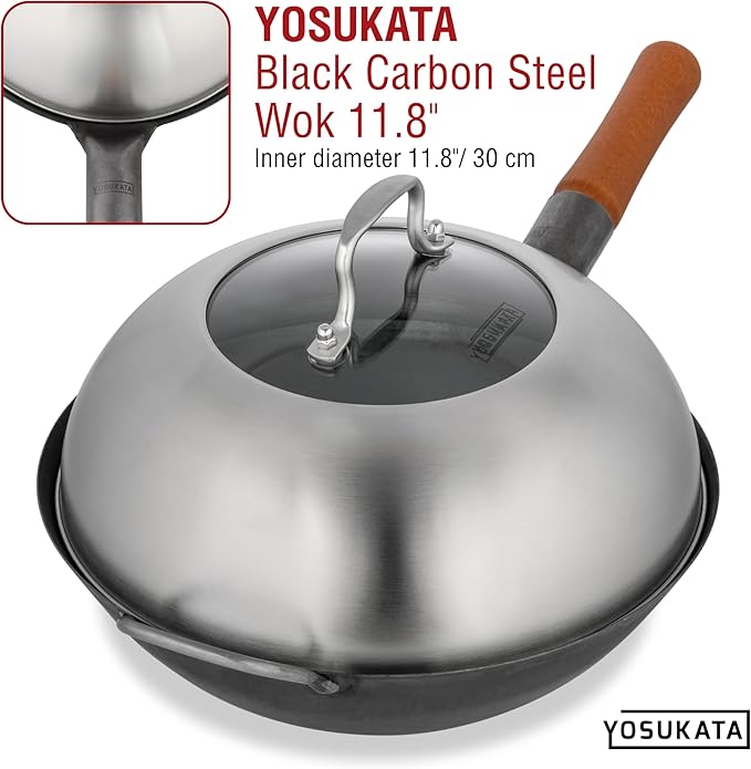 YOSUKATA Wok Lid 11.4 In - Premium Stainless Wok Cover with Tempered Glass Insert Steam Holes and Ergonomic Handle - Durable Wok Accessories - Dishwasher-Safe Lid for 11.8-In Wok - Chees Melting Dome