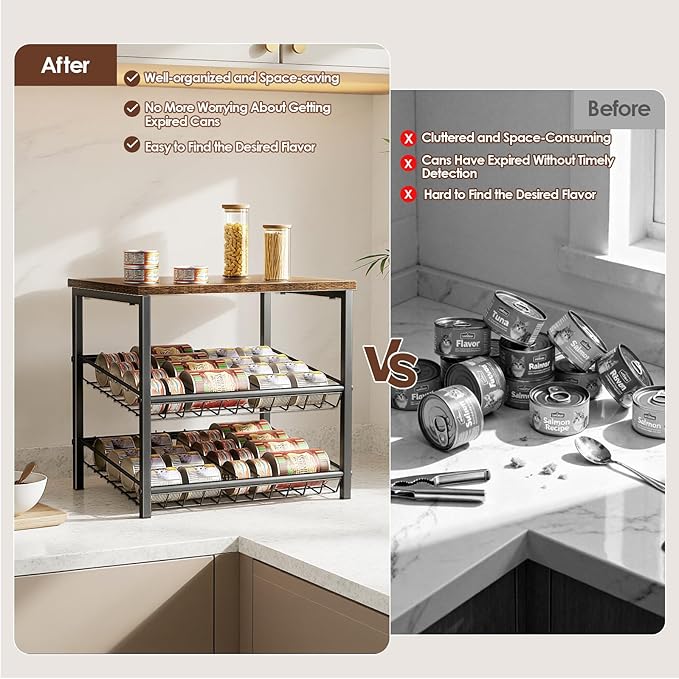 3 Tier Can Organizer for Pantry, Adjustable Can Rack Organizer, Automatic Rolling Storage Holder for Various Ounces of Canned Food Drinks Pet Food, Ideal for Countertop Kitchen Cabinet