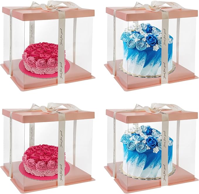 4 Pack Clear Cake Box Carrier 10" X 10" X 9" Cake Packaging Container with Ribbon Transparent Boxes with Lid Gift Package for Birthday Wedding Party, Pink
