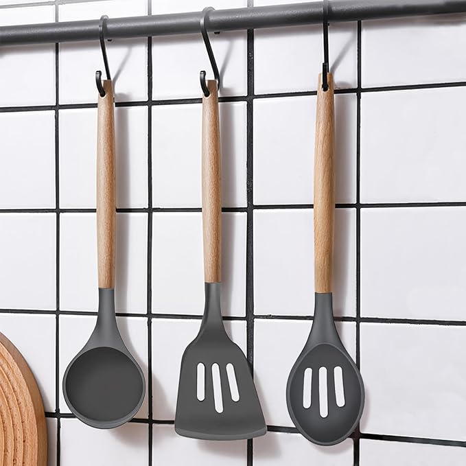 Kitchen Cooking Utensils Set, 6Pcs Silicone Kitchen Utensils Set Spatula Spoon Soup Ladle Turner, Heat Resistant Wooden Handle Silicone Cooking Gadgets for Nonstick Cookware & Baking BPA FREE