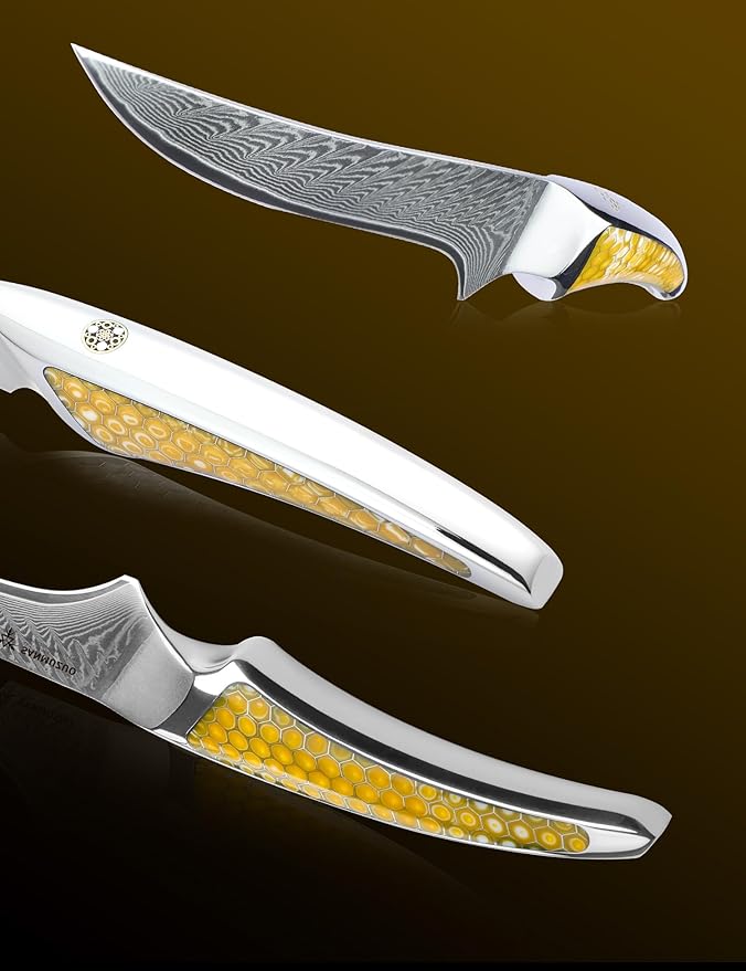 7 Inch Fillet Knife, Japanese VG-10 Damascus Steel Kitchen Fish Knife, Ultra Sharp Boning With Full-tang Handle in Yellow Resin, LA-S9 Series