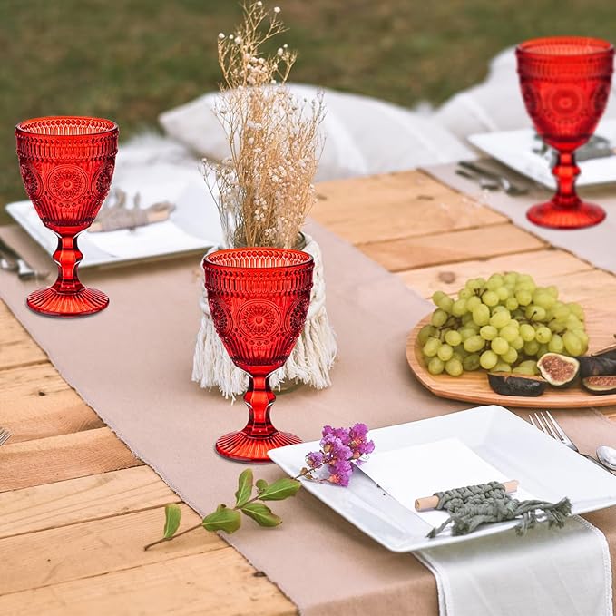 Red Vintage Wine Glasses Set of 6, 10 Ounces Colored Glass Water Goblets, Unique Floral Embossed Pattern High Clear Stemmed Glassware Wedding Party Bar Drinking Cups Fancy Glasses Hand Wash Only